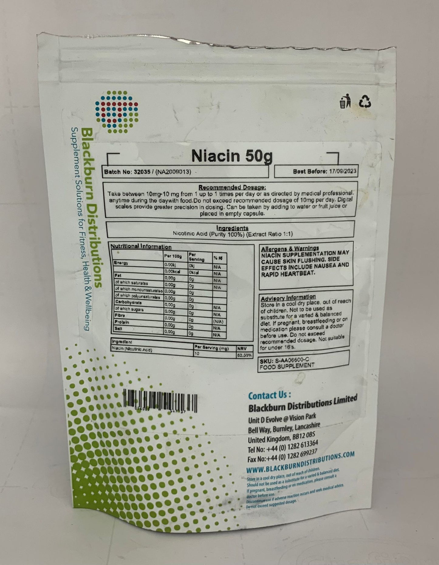 Vitamin B3 (Niacin) Powder 500g - Y0459