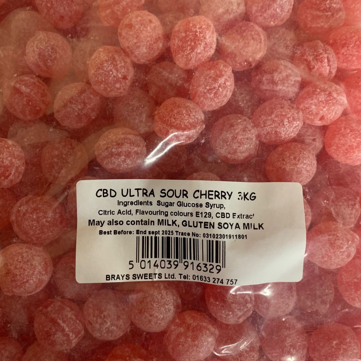 CBD Standard Hard Boiled Sweets - Ultra Sour Cherry 3kg - Y0660
