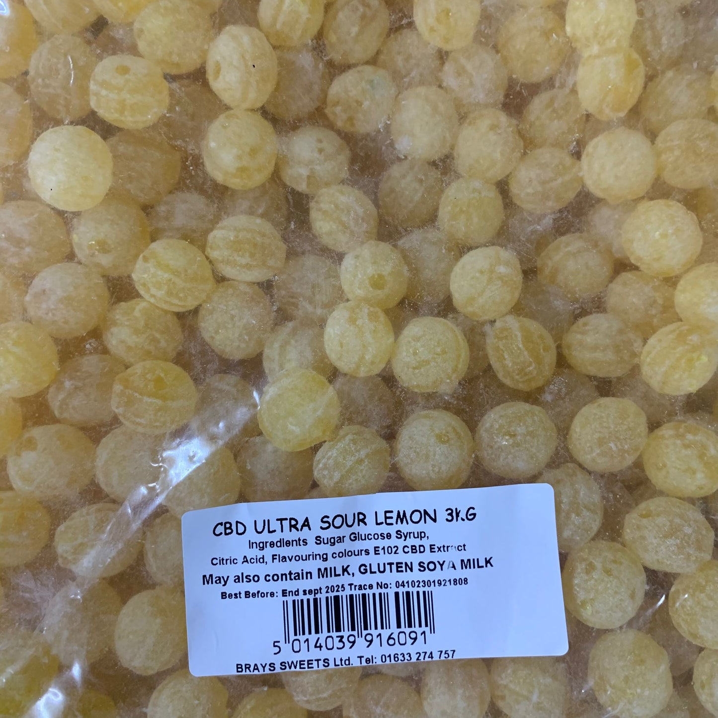 CBD Standard Hard Boiled Sweets - Ultra Sour Lemon 3kg - Y0661