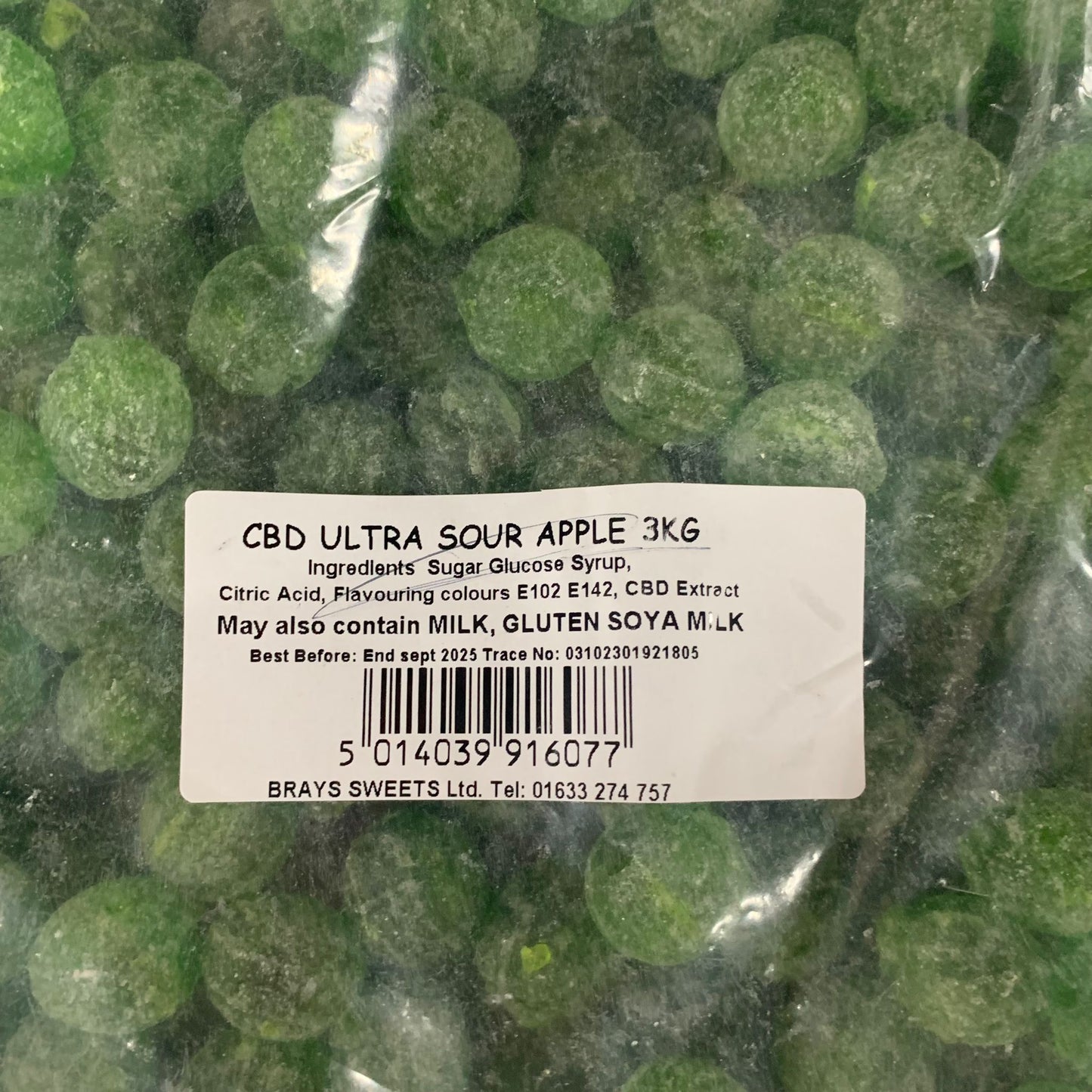 CBD Standard Hard Boiled Sweets - Ultra Sour Apple 3kg - Y0658