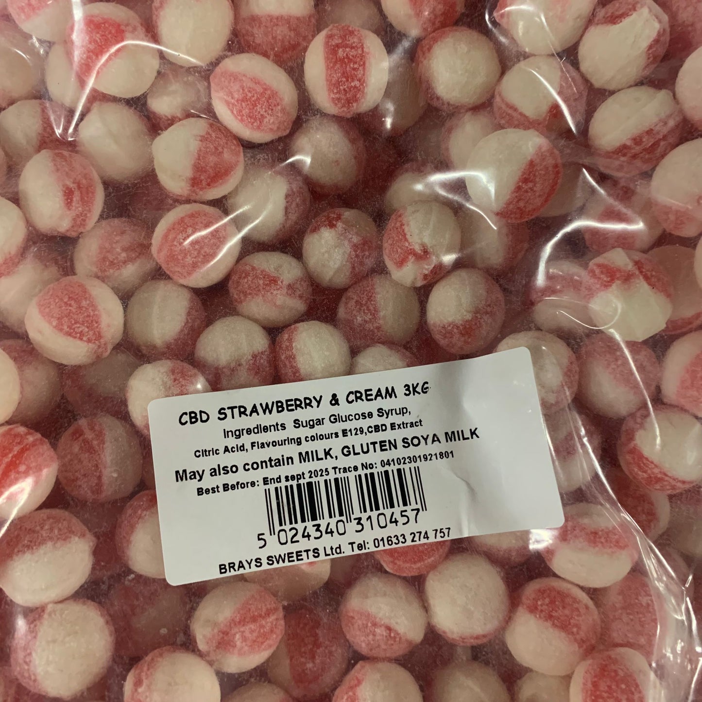 CBD Standard Hard Boiled Sweets - Strawberry & Cream 3kg - Y0664